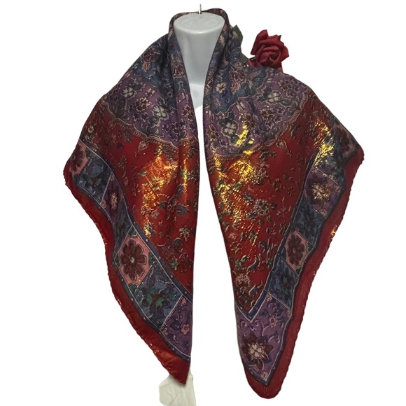 Metallic Asian print scarf 75% rayon rolled hem 3.5X34.5 NEW OR LIKE NEW - Picture 2 of 14